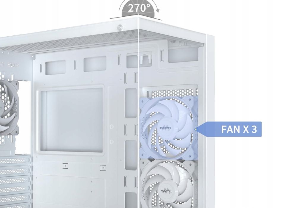 Musetex Obudowa Atx Pc Pre-Install 3 Wentylatory Biała Bez Rgb