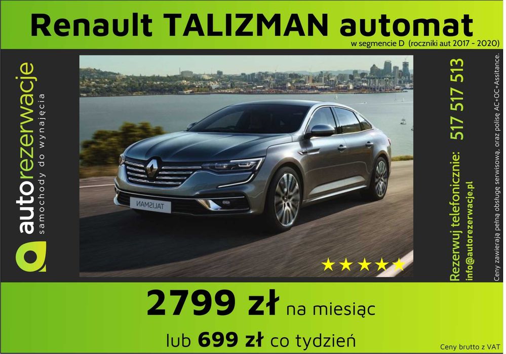 Wynajem wypożyczenie samochodów/aut za 1299 za 30 dni lub 335 co 7 dni