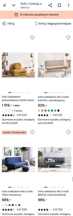 Rozkładana sofa dwuosobowa bez podłokietników