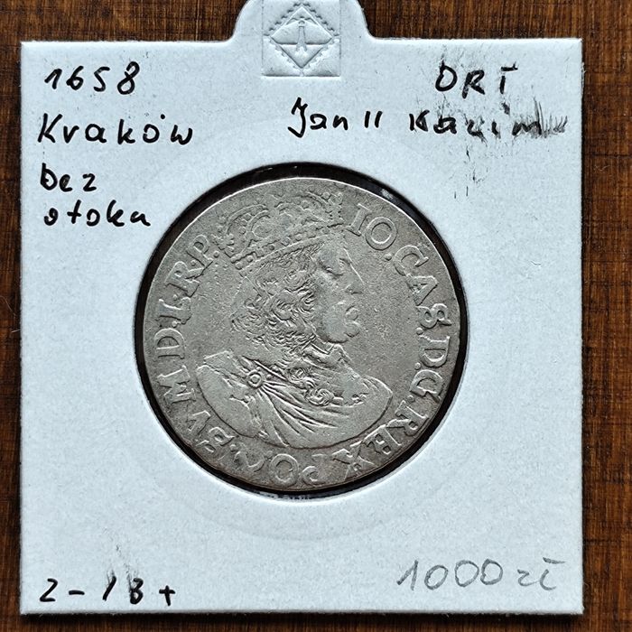 Ort 1658 Kraków Jan II Kazimierz bez otoku srebrna moneta