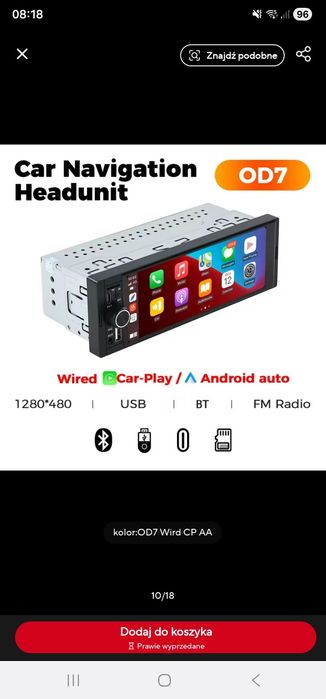 Radio samochodowe 1din androidauto carplay bluetooth usb aux