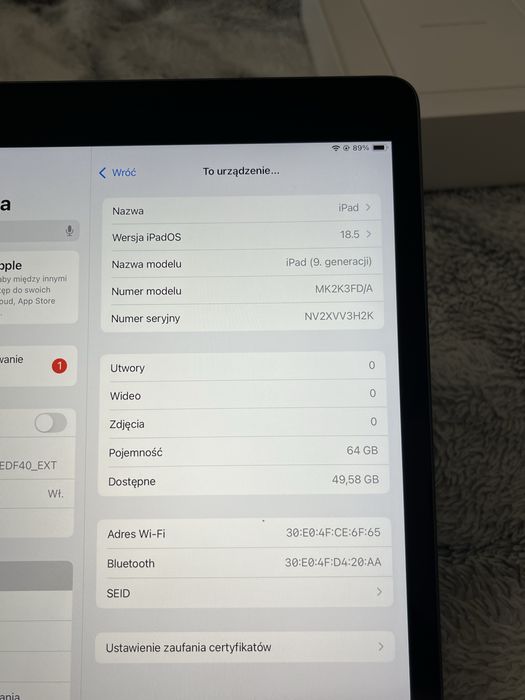 iPad 9th gen 64gb Wi-Fi | Rysik | 91% Kondycji