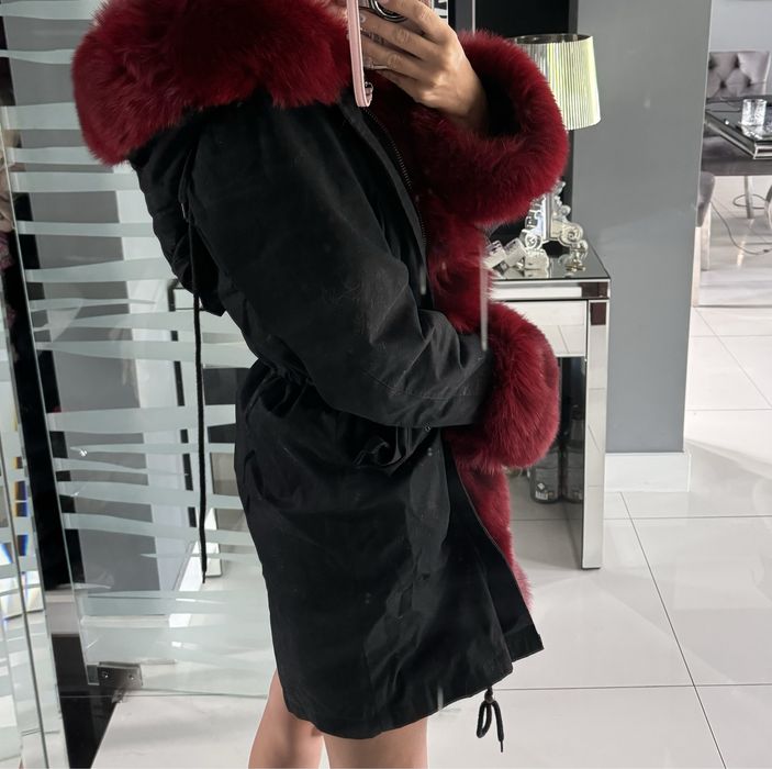 Piekna parka plaszcz futro naturalne lis bordo s/m