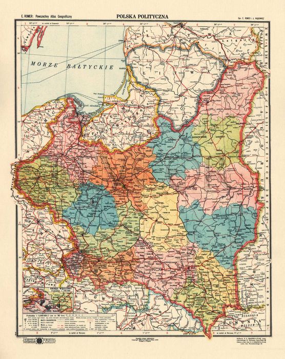 Polska II Rzeczpospolita Litwa Prusy Wsch. mapa 1939 r. 45x32 cm kopia