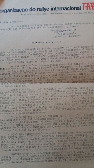 Regulamento Rally TAP 1973 com ficha de inscrição- RARO