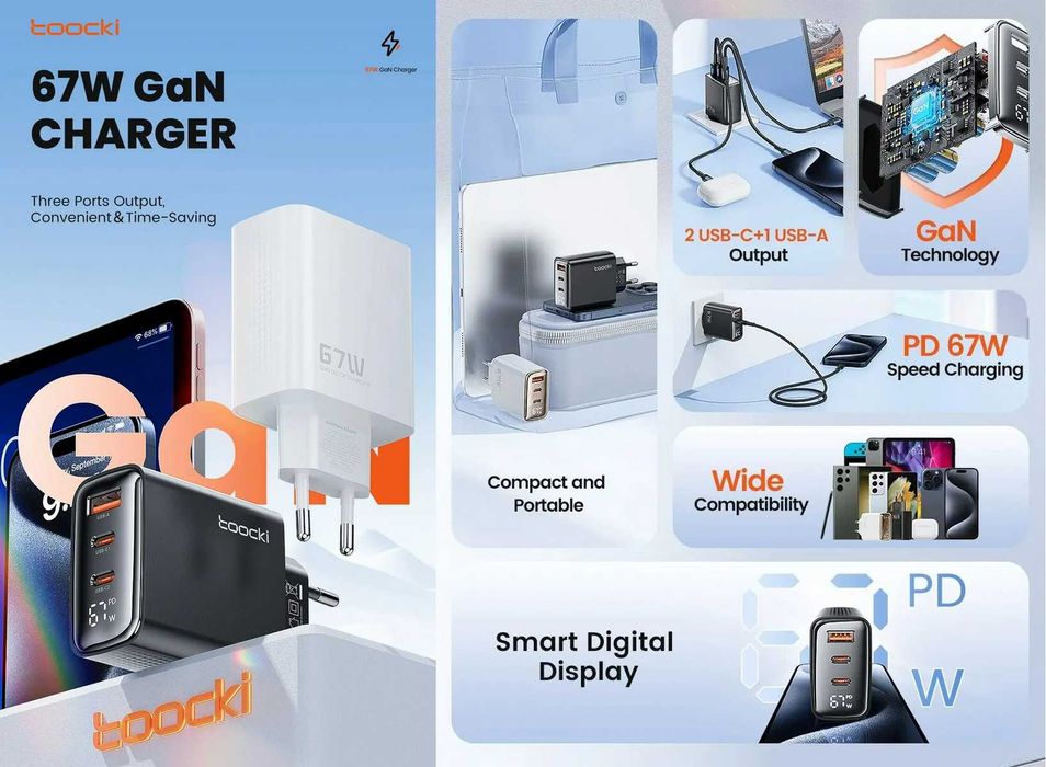 Зарядний пристрій TOOCKI 67W GaN Quick Charger LED 2C+A (TCT67-22EU)