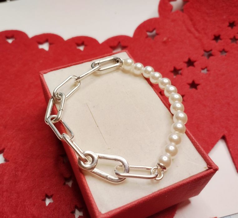 Na święta nowa bransoletka srebrna perły 925srebro duże ogniwa