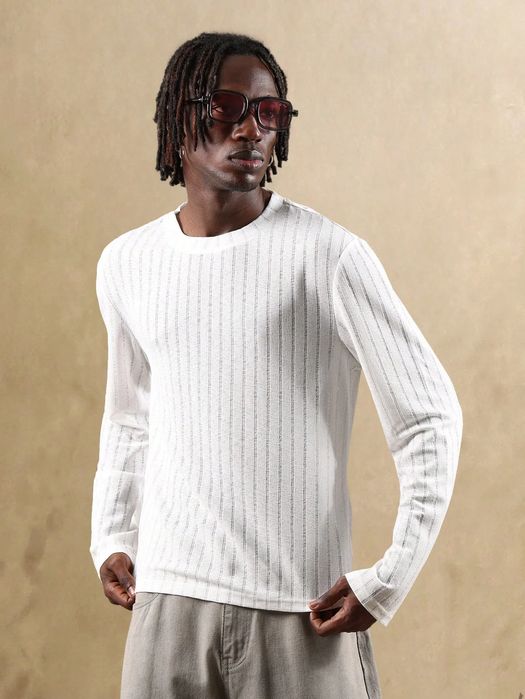 Longsleeve męski prążkowany letni biały z okrągłym dekoltem długi