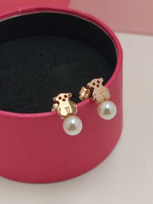 Kolczyki z misiem różowe srebro vermeil 925 z perłą