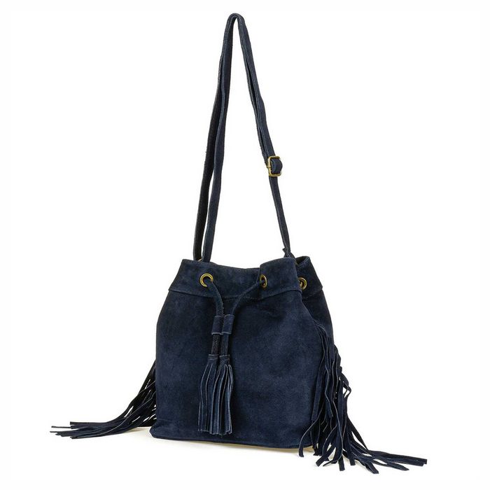 VERA PELLE torebka zamszowa listonoszka z frędzlami V477 granatowa