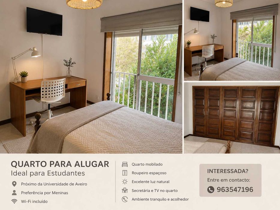 Quarto Mobilado para Estudante – Próximo da Universidade de Aveiro