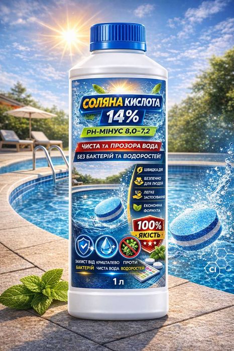 Соляная кислота 14% (1 л) для бассейнов / очистки / рН минус