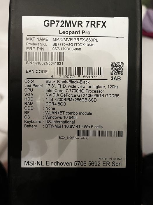 Laptop MSI I7-7000HQ / GeForce 1060 / 16 GB Ram