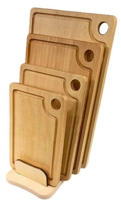 Zestaw 4 desek prostokątnych z rowkiem + drewniany stojak