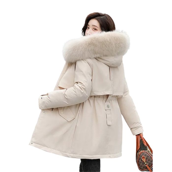 Damska parka beżowa z futrzanym kapturem, rozmiar XL