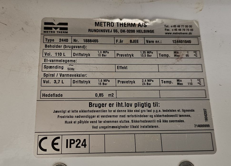 Boiler z wężownicą 110l Metro Therm