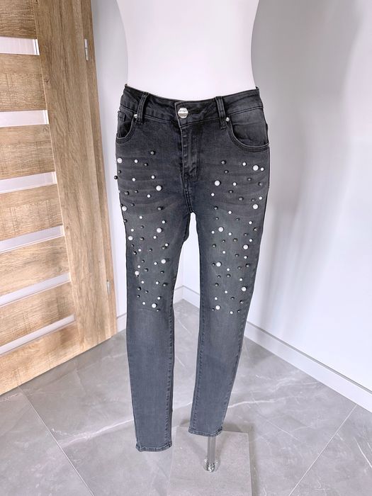 Szare jeansy rurki skinny z perełkami rozm. 38