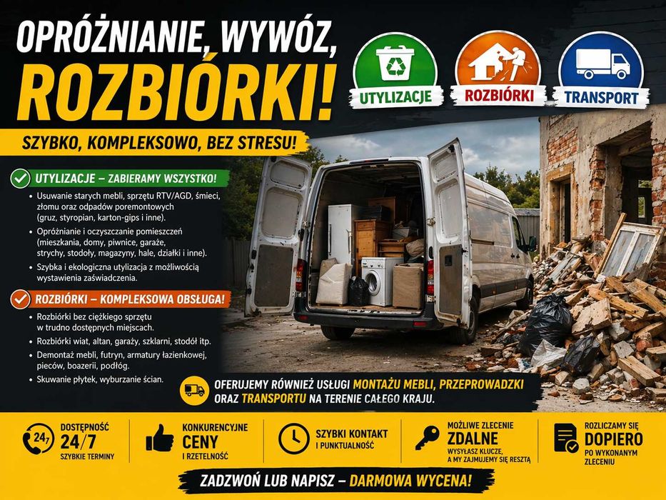 Opróżnianie, sprzątanie, przeprowadzki wywóz rzeczy, kucie, utylizacja i wywóz gruzu