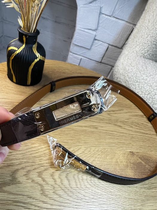 Ремінь шкіряний з логотпом Hermes Kelly ,  чорний регулюючий ремінчик, стильний