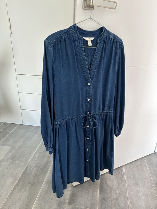 Nowa sukienka H&M z długim rękawem jeansowa lyocell szmizjerka denim lyocell S M bufiaste rękawy wiązana