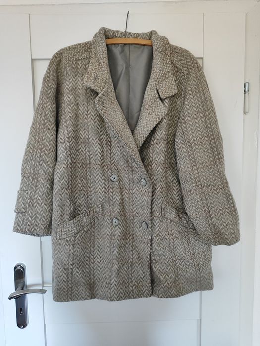 Szary wełniany płaszcz w jodełkę mohair moher guziki 42 44