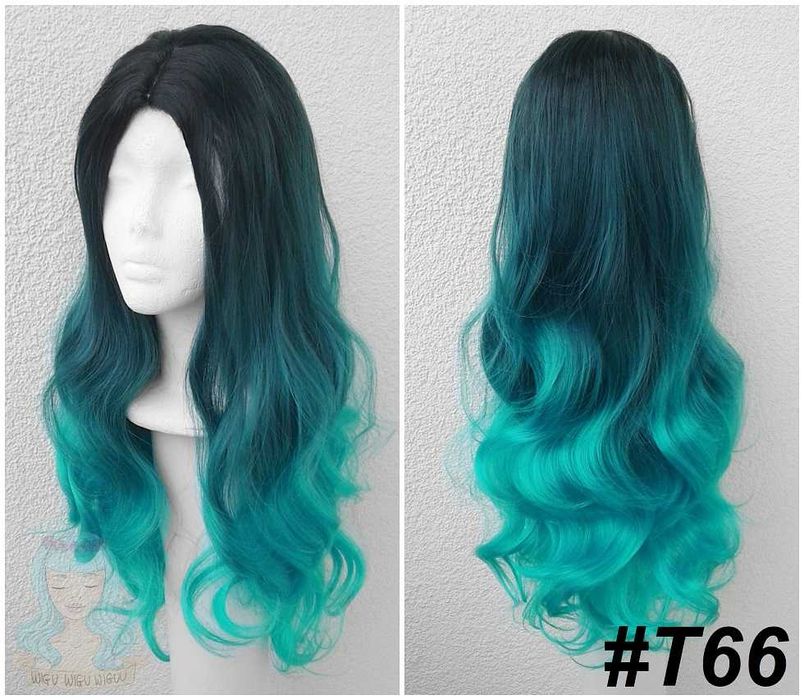 Turkusowa ombre gradient peruka z przedziałkiem falowana długa cosplay