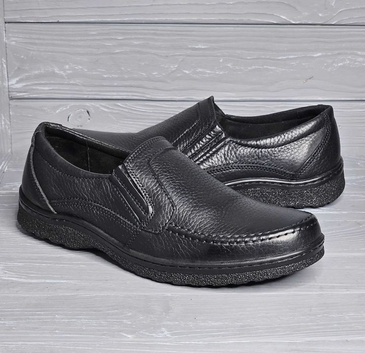 39-48рр! Кожаные мужские черные широкие прошитые туфли резинка шнурок!