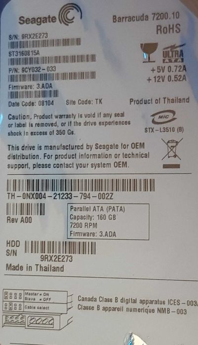 Disco interno de 160Gb Ultra ATA 3,5 Seagate Barracuda novo