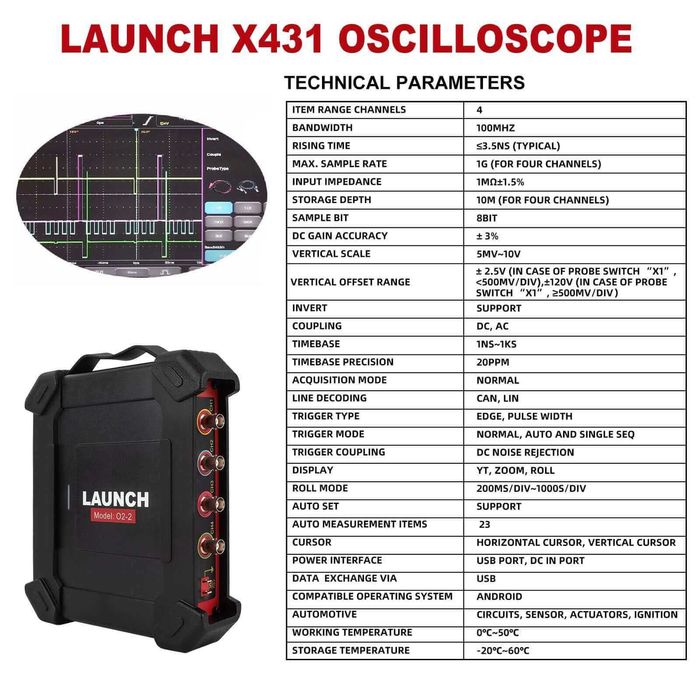 Oscilóscopio Auto Launch X431 O2-2 4 canais 100 Mhz