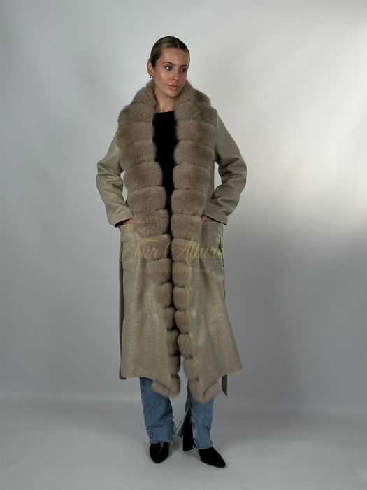 Жіноче бежеве кашемірове пальто з натуральним хутром песця,  42-54 рр
