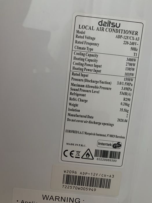 Ar condicionado portátil Daitsu 12000BTU com tubo de extraçao, 20-25m2 - Modelo ADP-12F/CX-A3