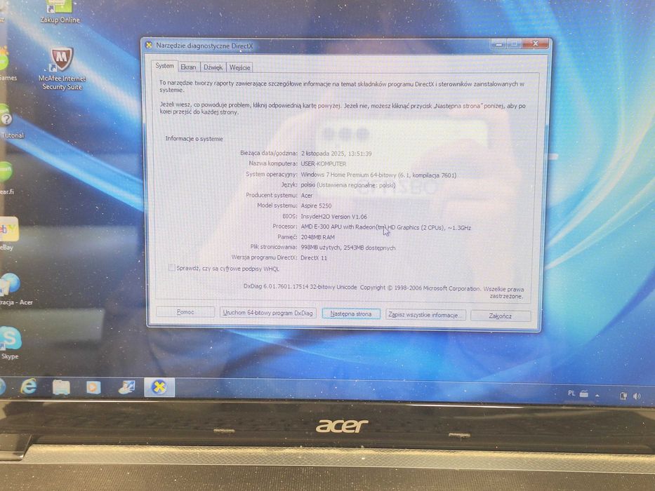 Laptop Acer Aspire 5250 P5WE6 2/320GB