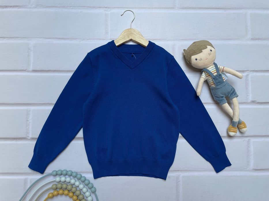 110 116 George niebieski sweter sweterek bawełniany v-neck chabrowy