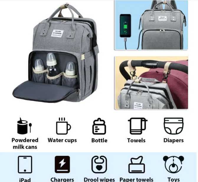 Mochila Mala Fraldário com Berço Portátil e Cama de Bebé USB Dobrável NOVO