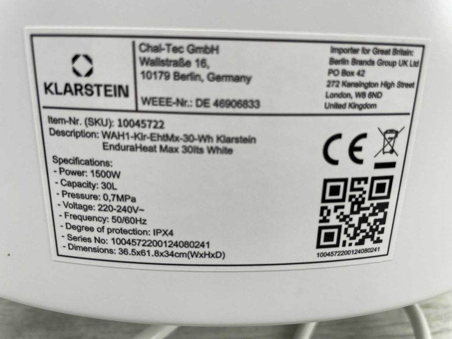 Водонагрівач / бойлер гарячої води 30 літрів Klarstein ENDURAHEAT MAX
