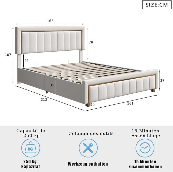 Cama c/ estrado elevatório Bege e Dourada