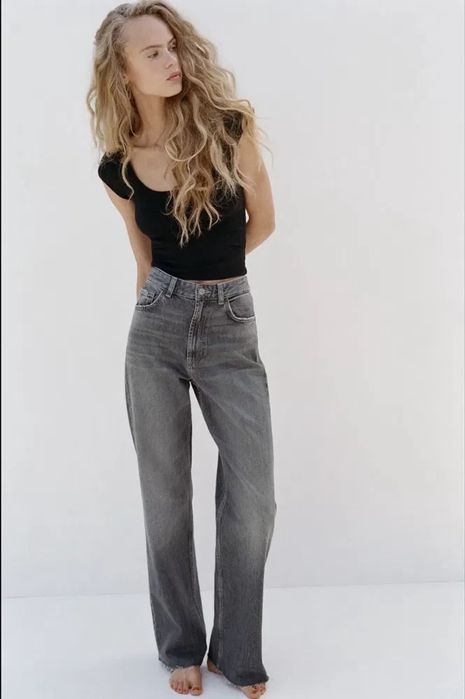 Джинсы Zara wide leg серые прямые широкие палаццо высокая талия