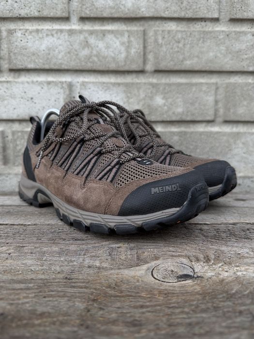 Brązowe, szare, skórzane buty trekkingowe Meindl Balancing, rozmiar 44