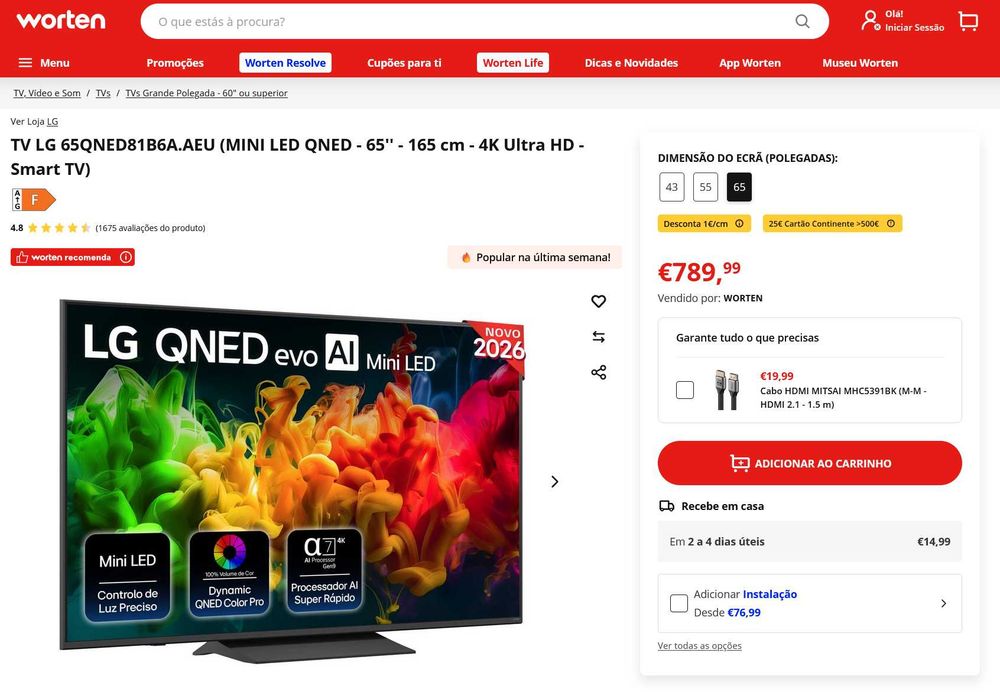 TV LG 65 MINI LED QNED + Soundbar LG S30A, Maio 2026, Novos na caixa selada
