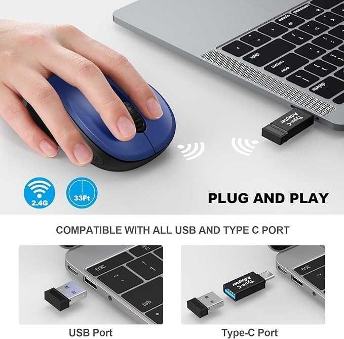 WisFox Bezprzewodowa 2.4G ergonomiczna mysz USB 6 przycisków niebieska