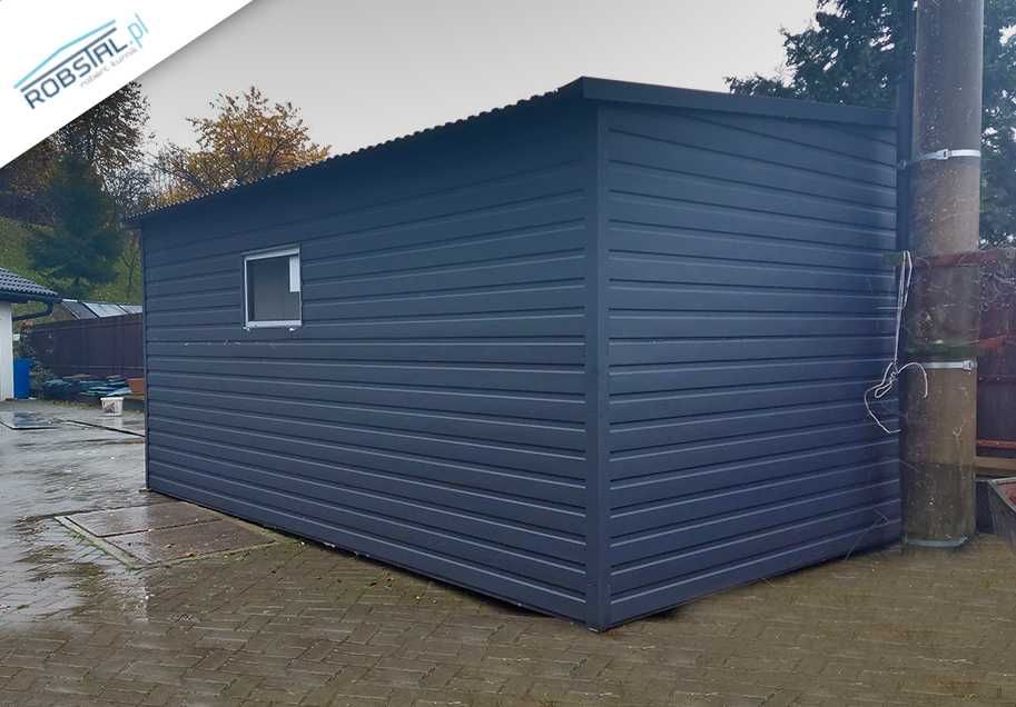 Garaż Blaszany 3x5 spad na lewo ciemny grafit mat, brama uchylna