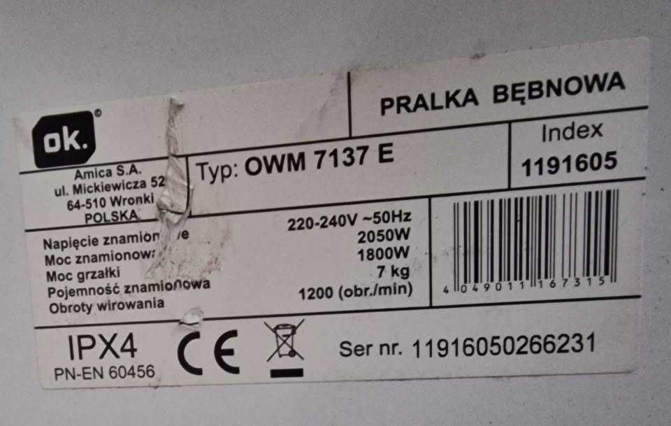 Pralka OK. OWM 7137 E 7kg uszkodzona
