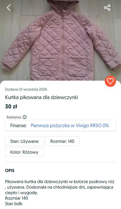 Kurtka pikowana dla dziewczynki