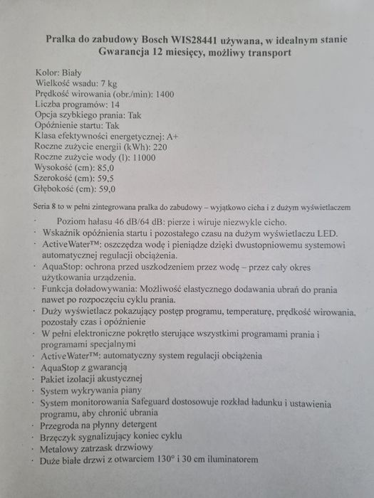 Pralka BOSCH WIS28441 do zabudowy