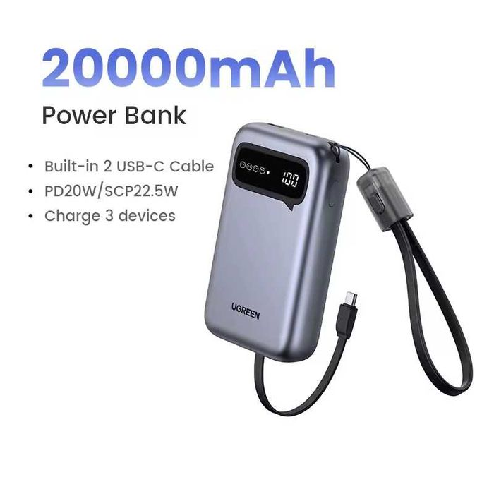 PowerBank UGREEN 20000мАч, двойной кабель, быстрая зарядка, 22,5 Вт