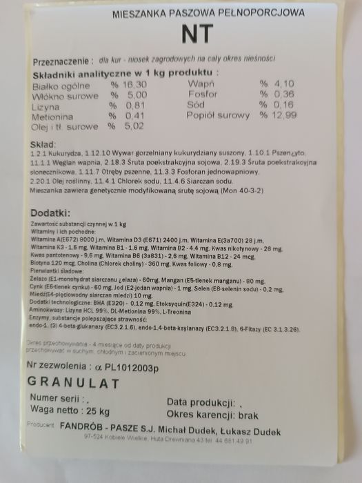 Pasza dla Kur Niosek, kurczaków itd. Dostawa Gratis na Terenie Polski!