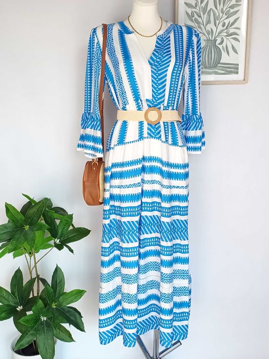 Niebieska sukienka maxi wzory etno 100% wiskoza 38 M boho