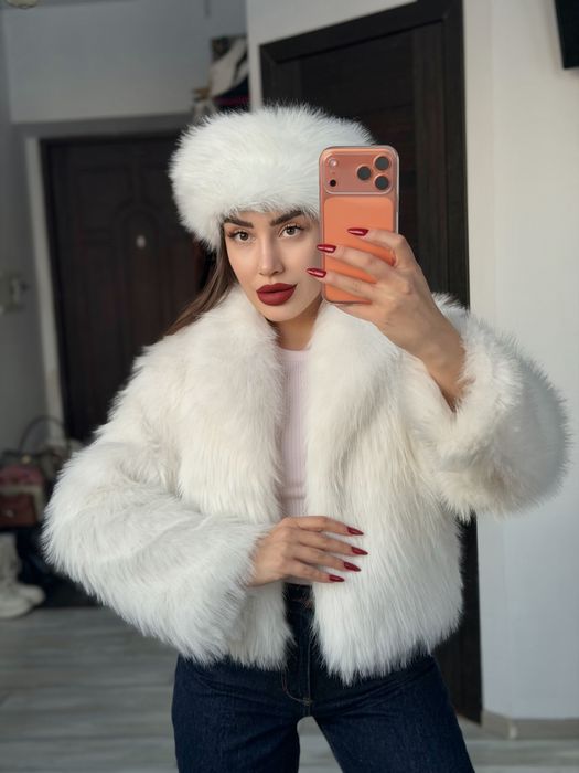 OLD MONEY Еко шуба чорна біла зимовий коплект з шапкою або пов’язкою