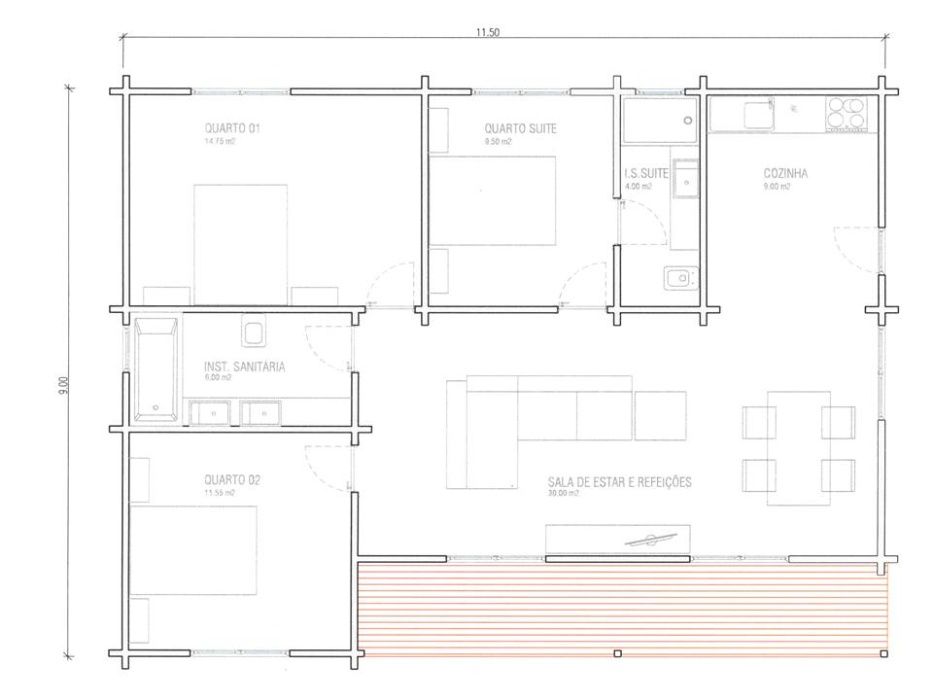 Casa de Madeira T.3 Bungalow Pré-Fabricada