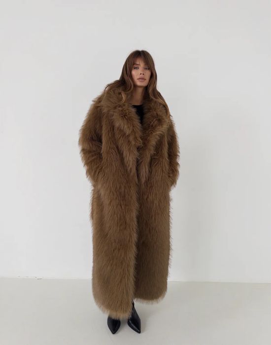 Шуба повної довжини з екохутра Yak, Rikky Hype — коричнева